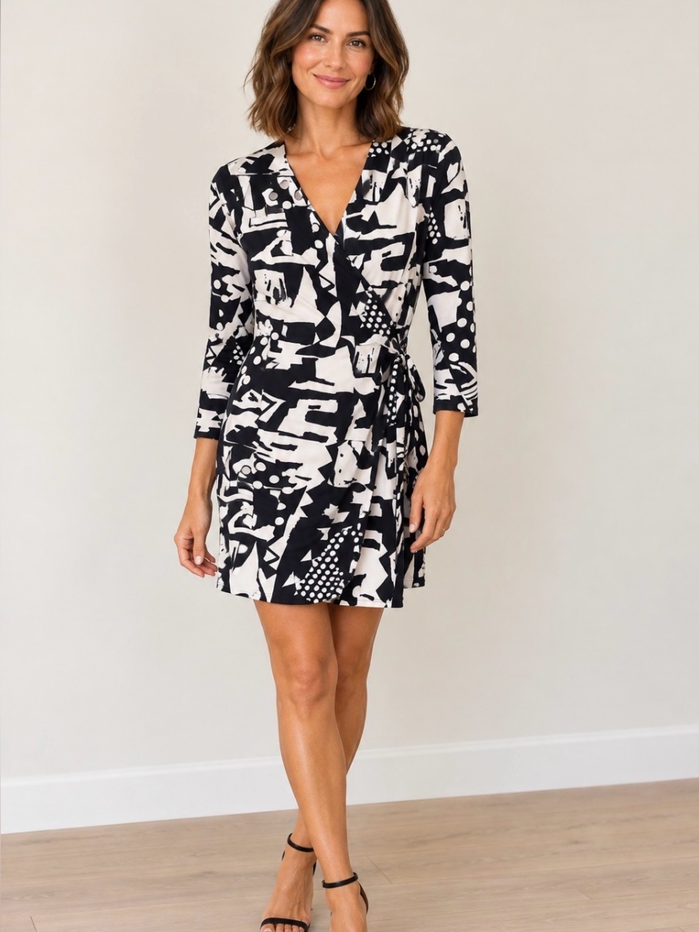 Armani Exchange Monochrome Geometric Long Sleeve Dress - Wrap dress with tie!